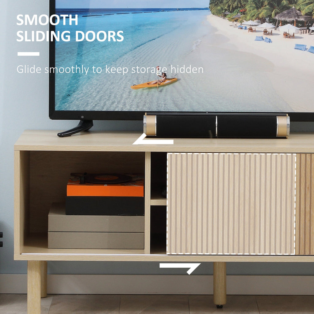 Natural wood TV stand cabinet with sliding doors open to reveal internal storage