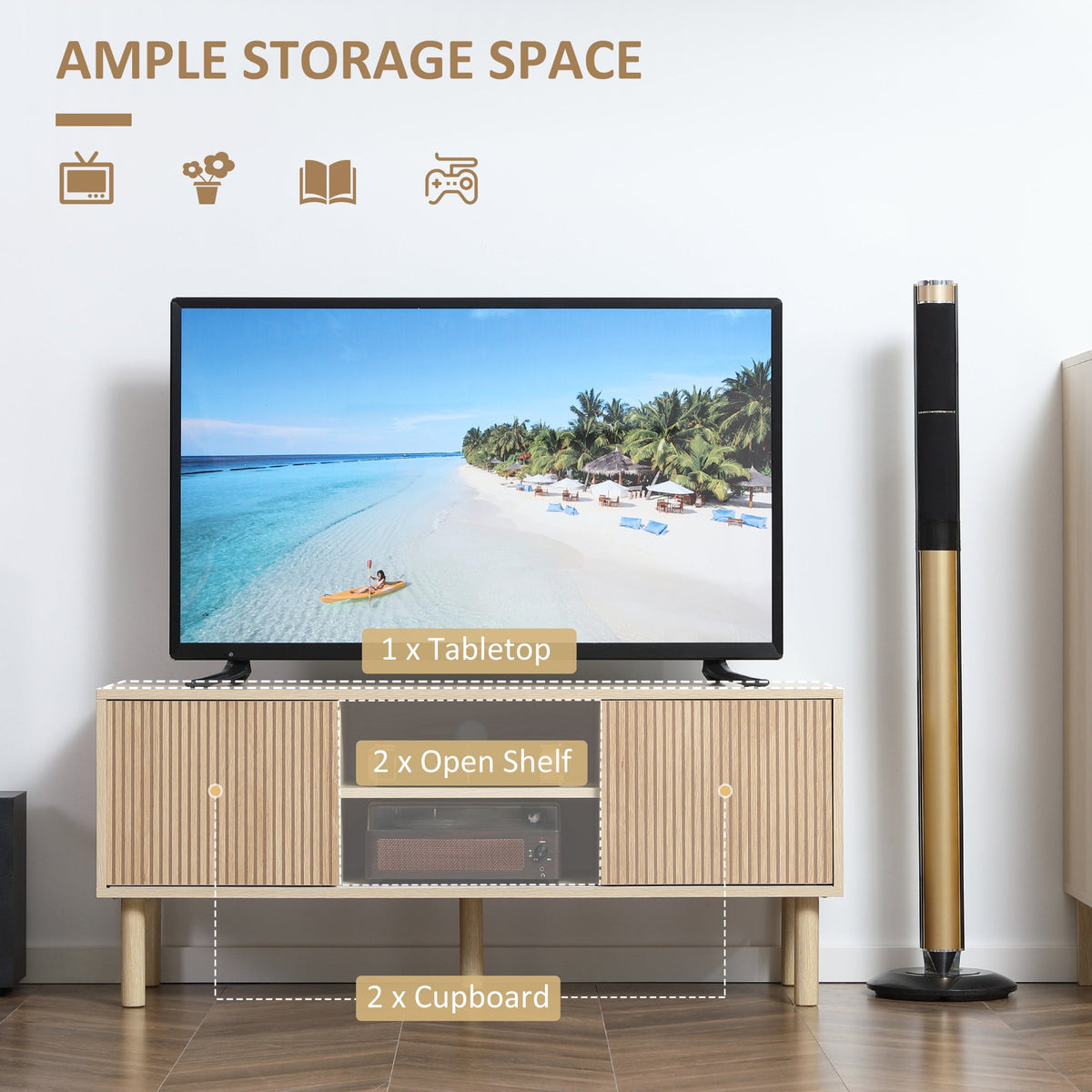 Natural wood TV stand cabinet with sliding doors and open shelves for media storage