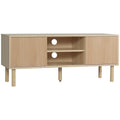 Natural wood TV stand cabinet with two sliding doors and open center shelves