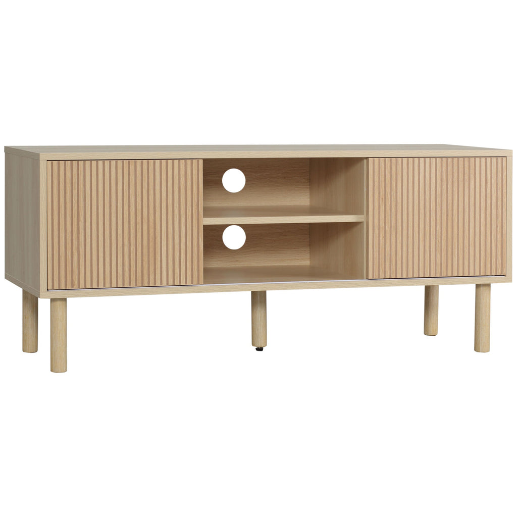 Natural wood TV stand cabinet with ribbed sliding door panels and center storage shelves