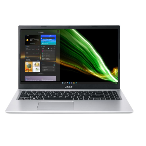 Silver Acer Aspire 3 laptop with open screen and black keyboard
