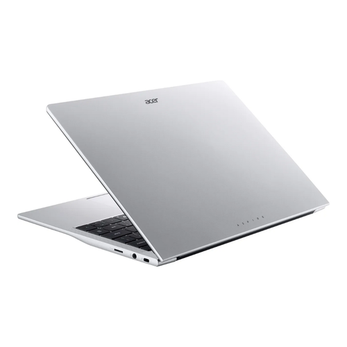 Silver Acer laptop open view, showing hinge and side ports on the bottom edge