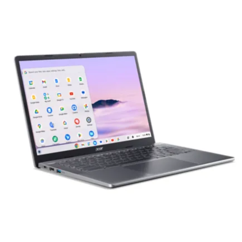 Acer Chromebook Plus 514 laptop angled view, dark gray keyboard and trackpad