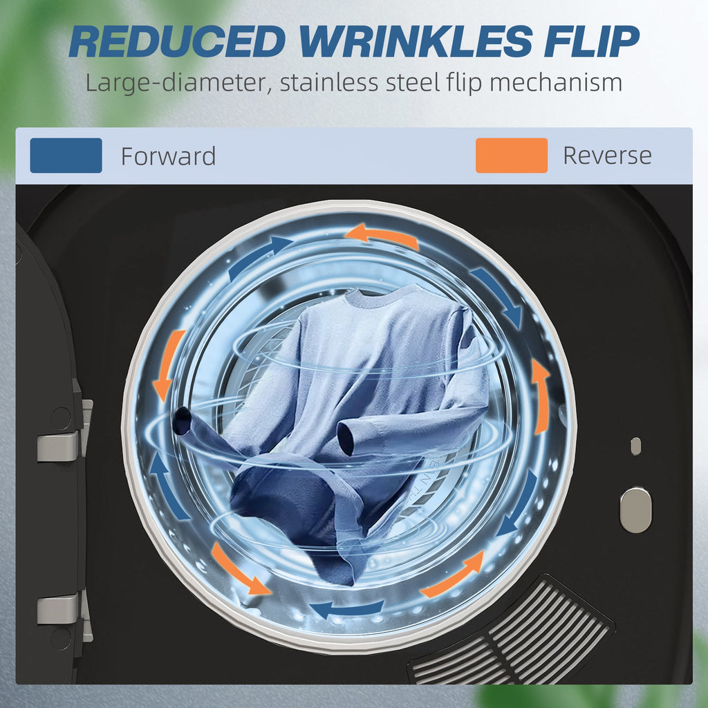 Front-load tumble dryer with round open door and circulating airflow around laundry