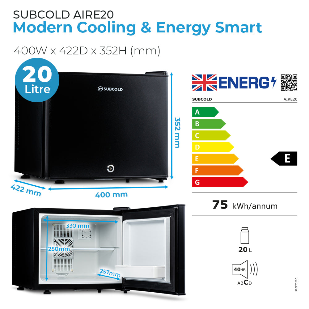 Subcold Aire20 mini fridge info graphic showing size, 20 litre capacity, and energy label