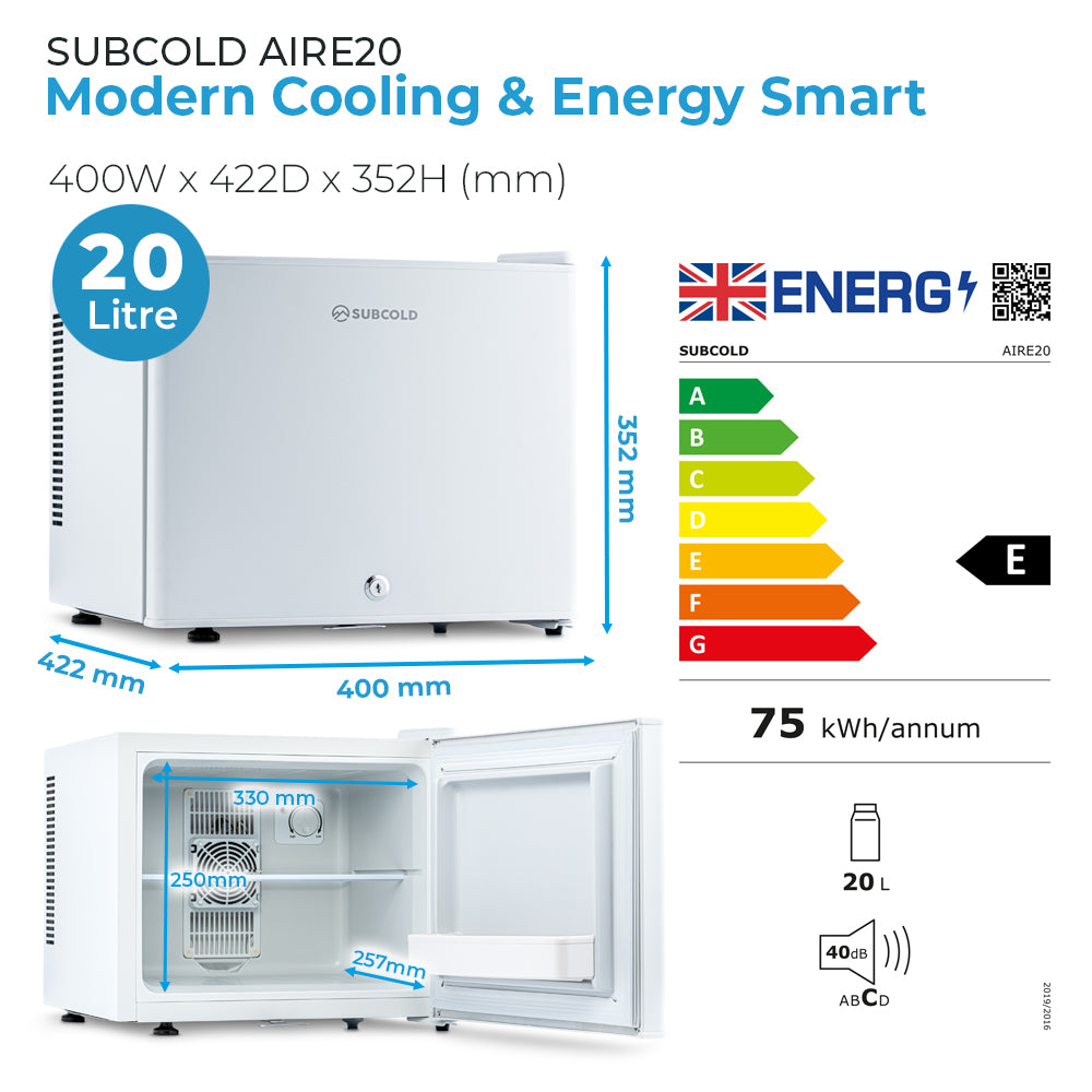 White mini fridge size diagram with airflow and energy rating graphic