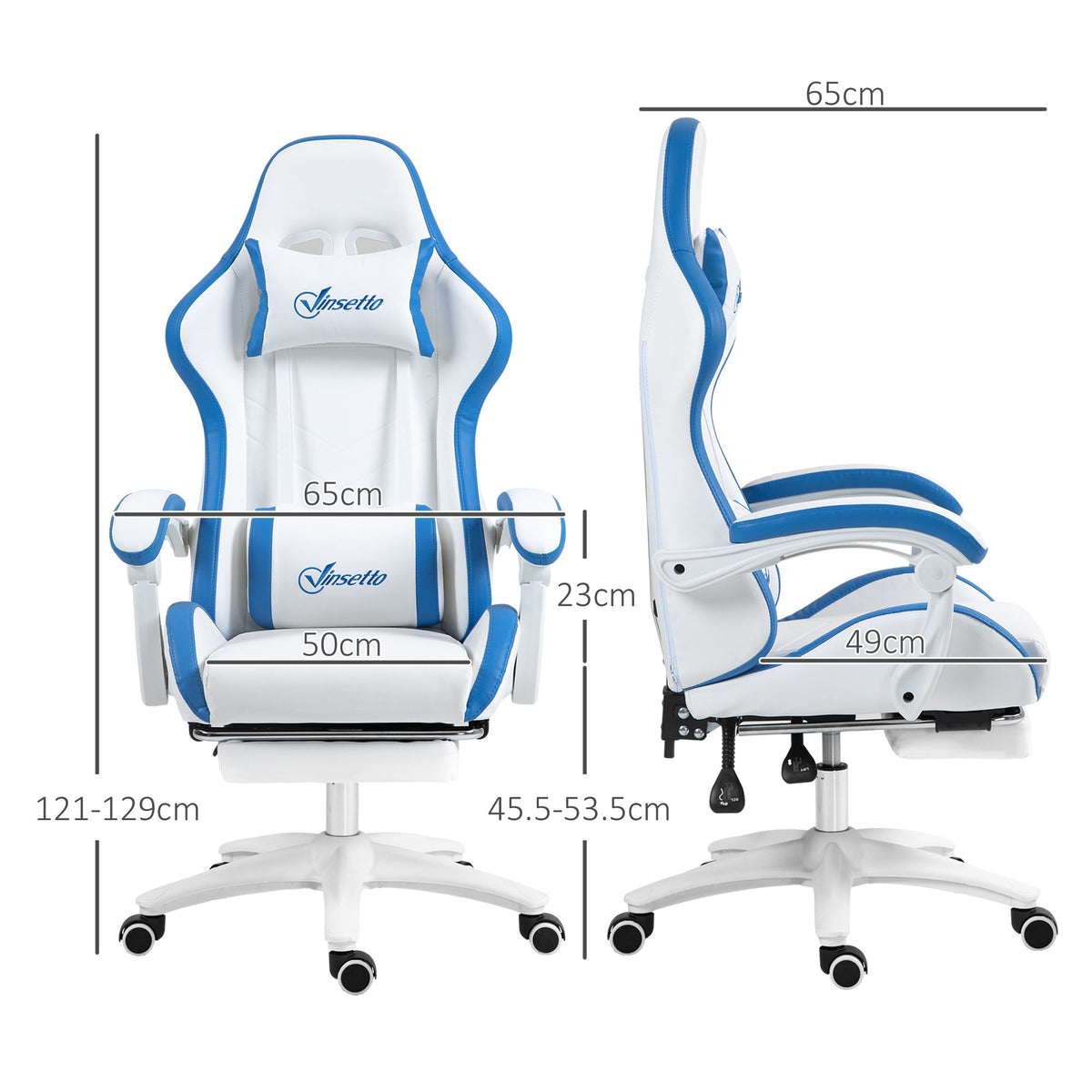 White and blue gaming chair with reclining footrest and swivel base; front and side views