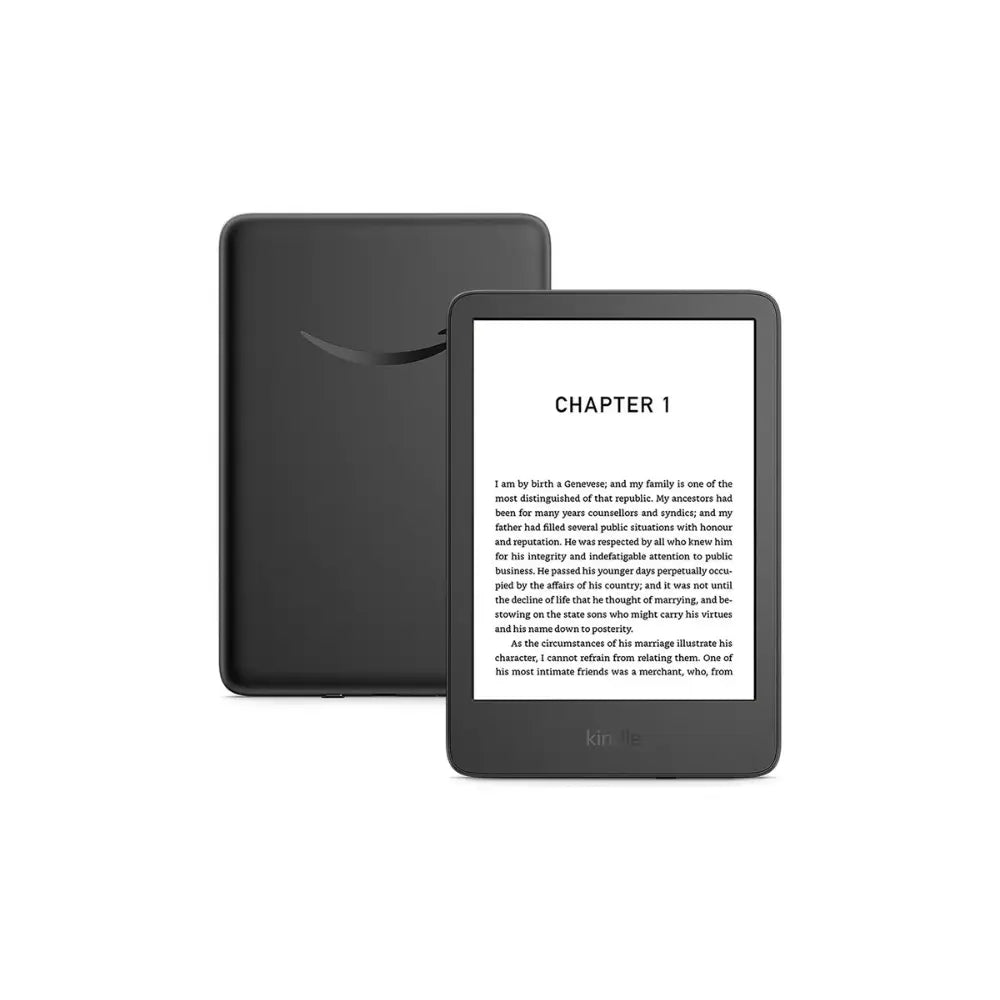 Black Kindle e-reader with front screen and closed back, showing reading page text