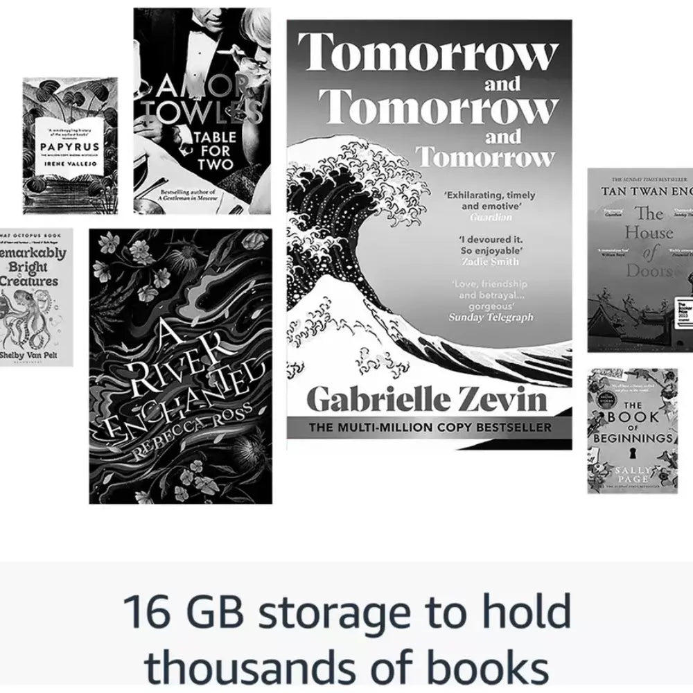 Black Kindle e-reader showing monochrome book covers in a grid layout