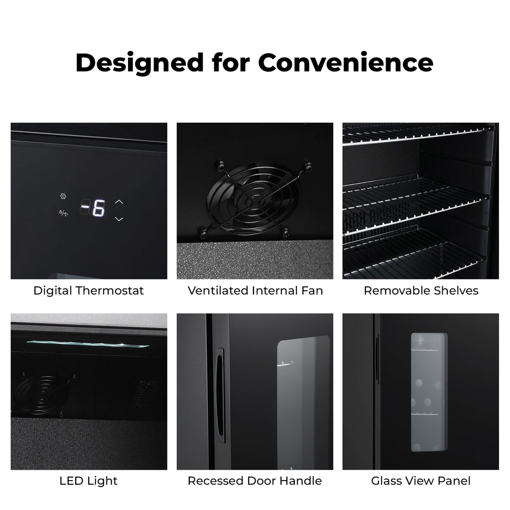Apex95 beer fridge feature collage: digital thermostat, fan, shelves, LED, handle
