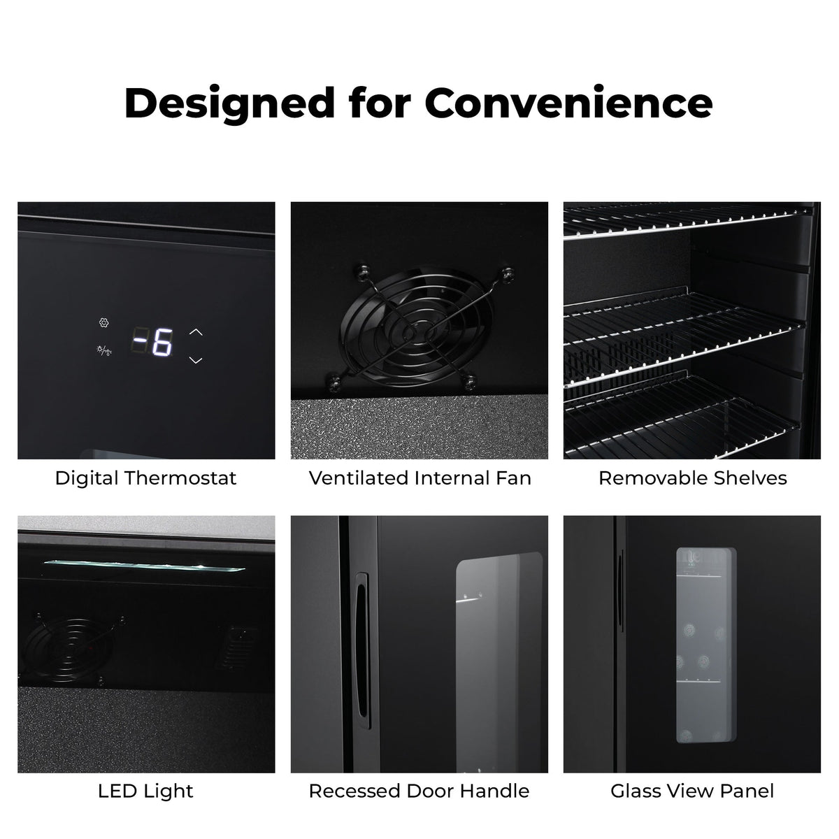 Apex95 beer fridge feature collage: digital thermostat, fan, shelves, LED, handle