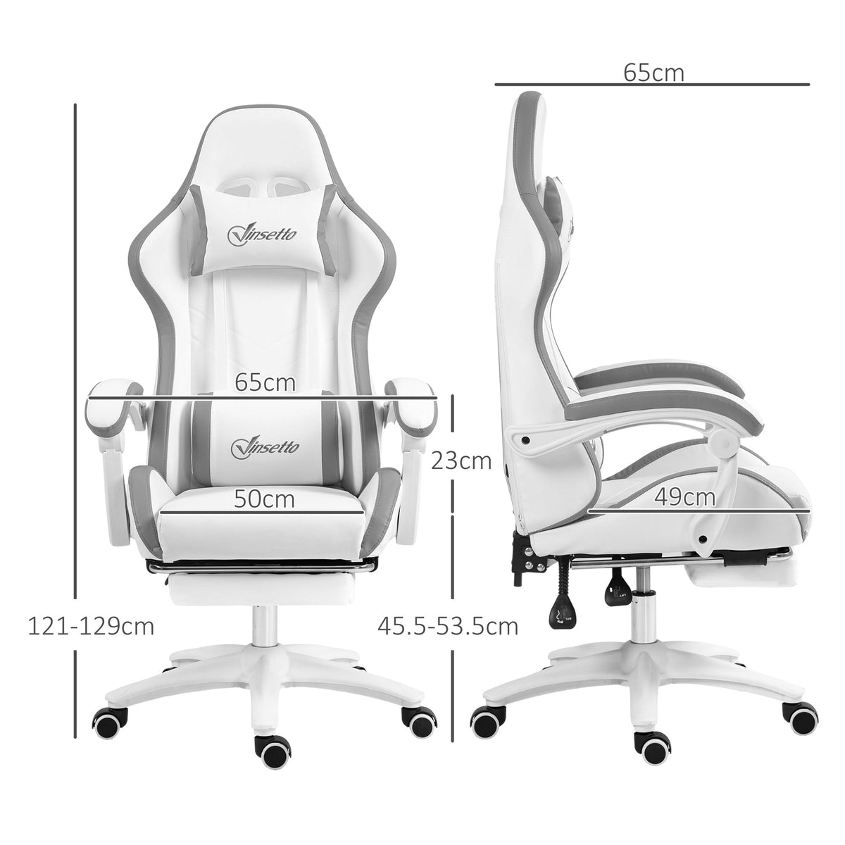 White and grey gaming chair shown from front and side with footrest extended