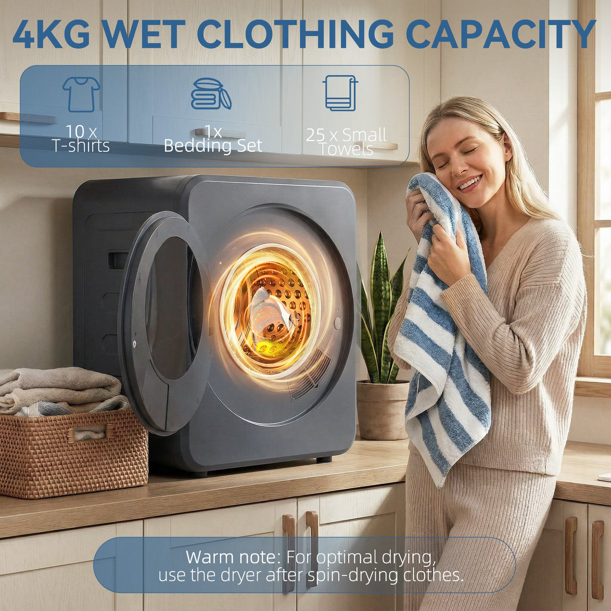 Grey front tumble dryer with open door, glowing drum, and drying laundry
