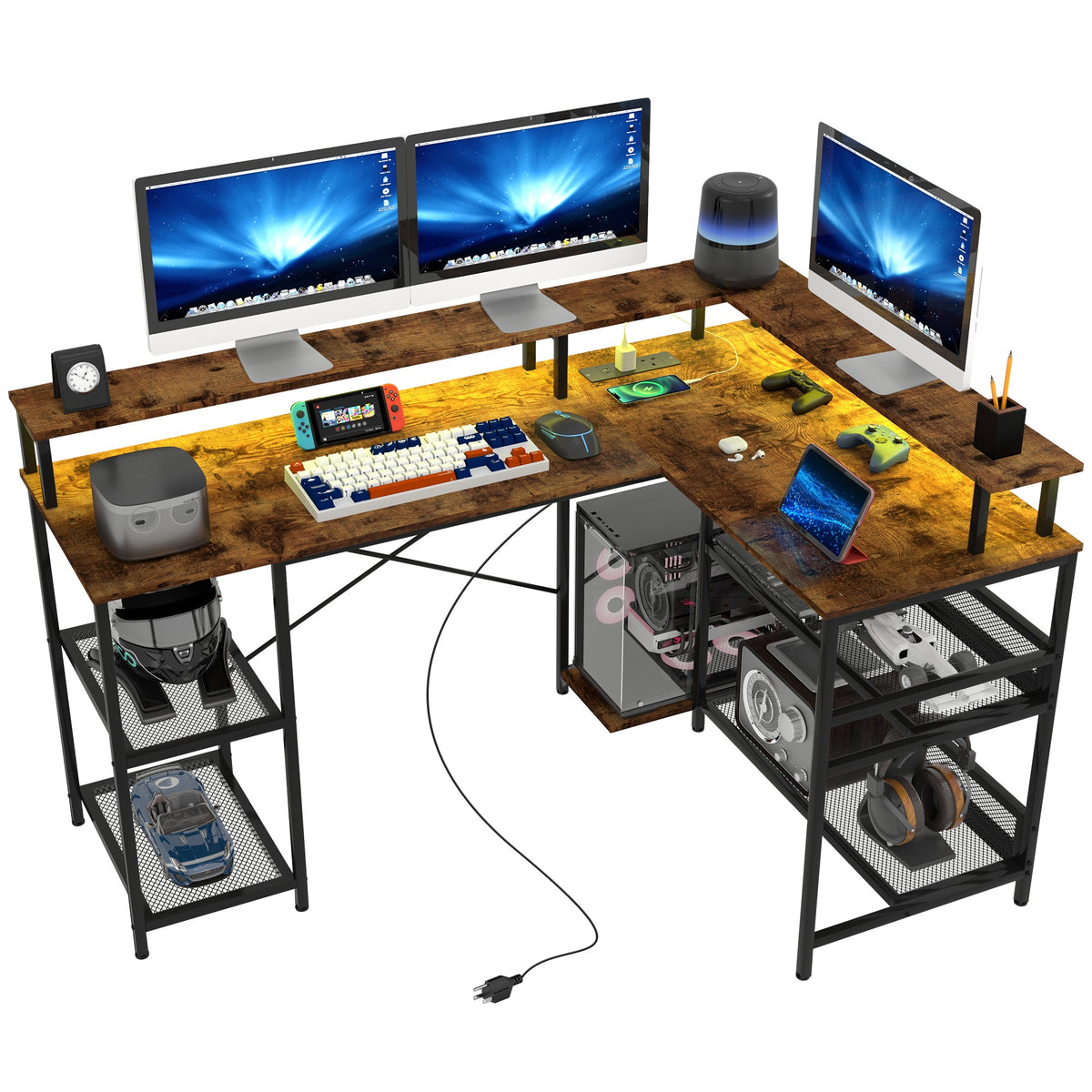 L-shaped rustic brown gaming desk with dual monitor stands and under-desk LED strip