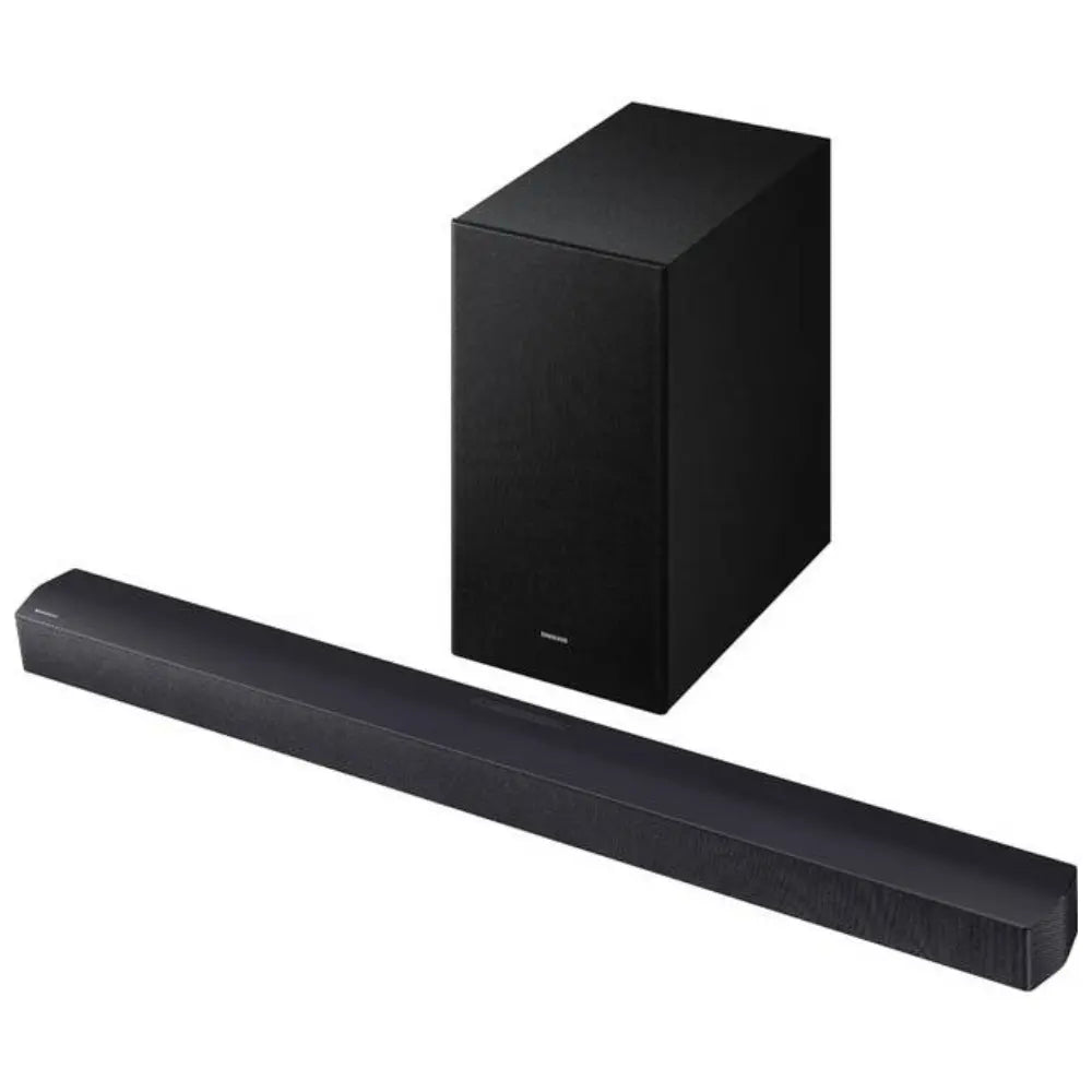2.1-channel soundbar system, black soundbar bar with stacked subwoofer speaker