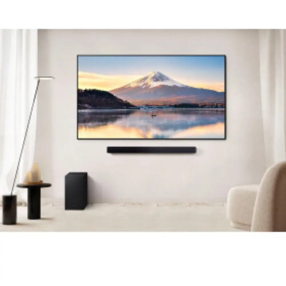 2.1-channel soundbar with wireless subwoofer, black compact design