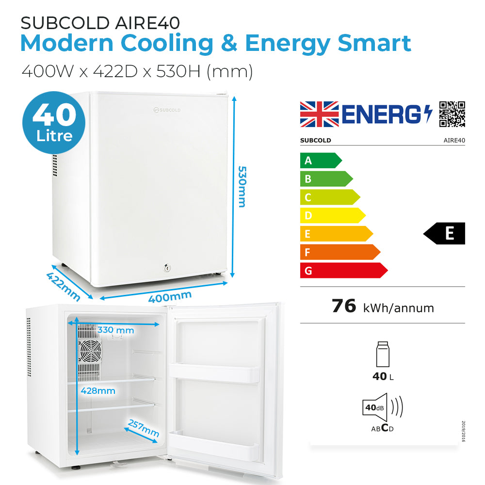 White mini fridge size and energy rating diagram