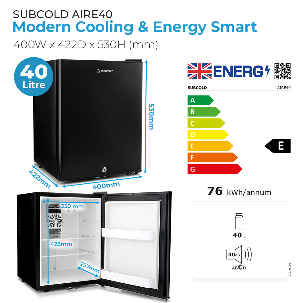 Black mini fridge dimensions and capacity label with energy efficiency chart
