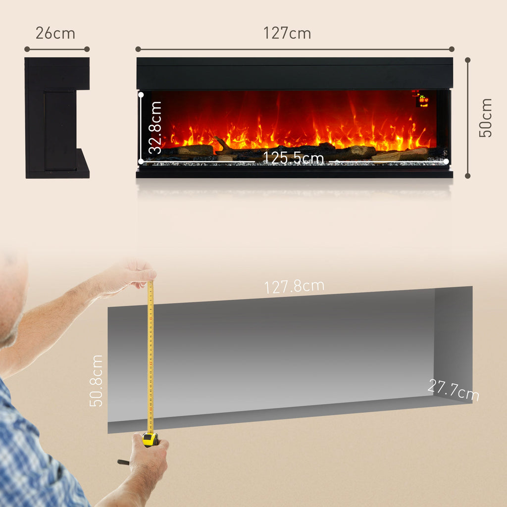 Black glass-panel electric convector heater with flame window and size measurement overlay.