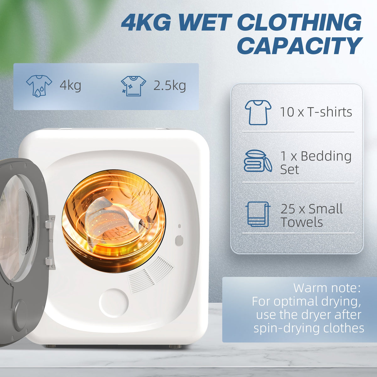 White tumble dryer with open door and glowing stainless-steel drum basket