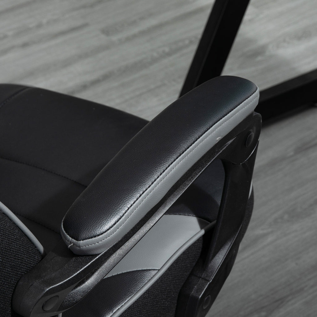 Gaming chair armrest with padded PU arm and side control detail; dark grey