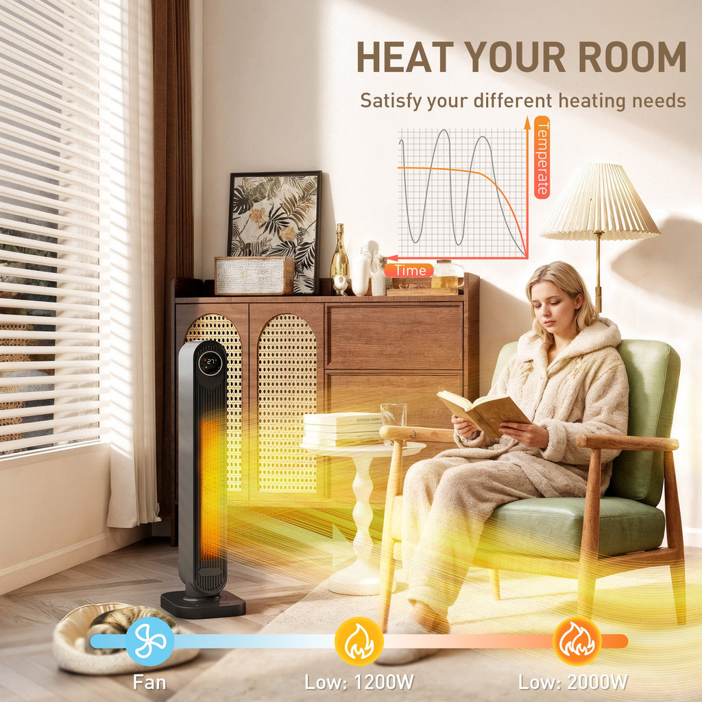 Black ceramic electric space heater with fan and glowing heat airflow near sofa.