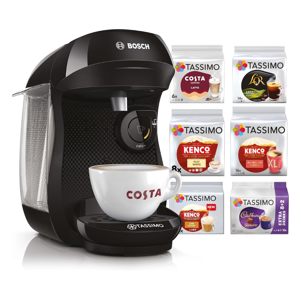 Black BOSCH TASSIMO coffee pod machine with cup and pod sleeves