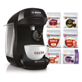 Black BOSCH TASSIMO coffee pod machine with cup and pod sleeves
