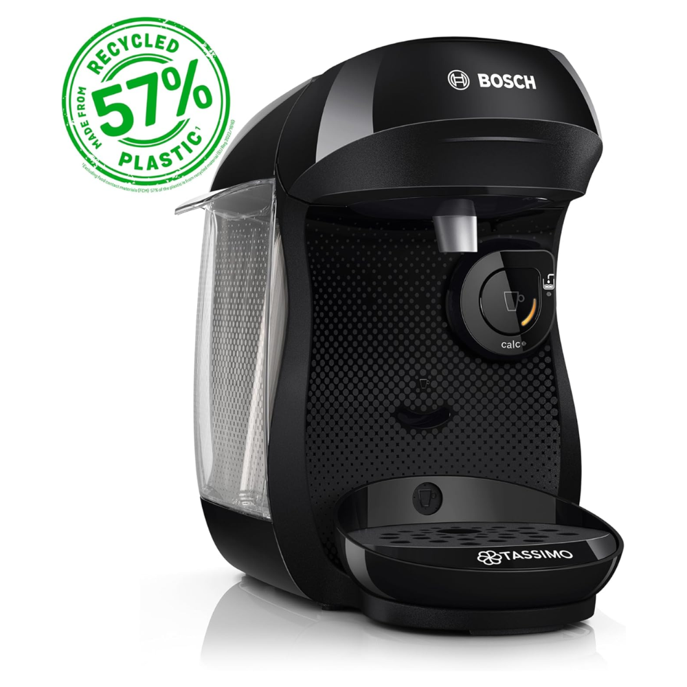 Black coffee pod machine with side water tank and control dial