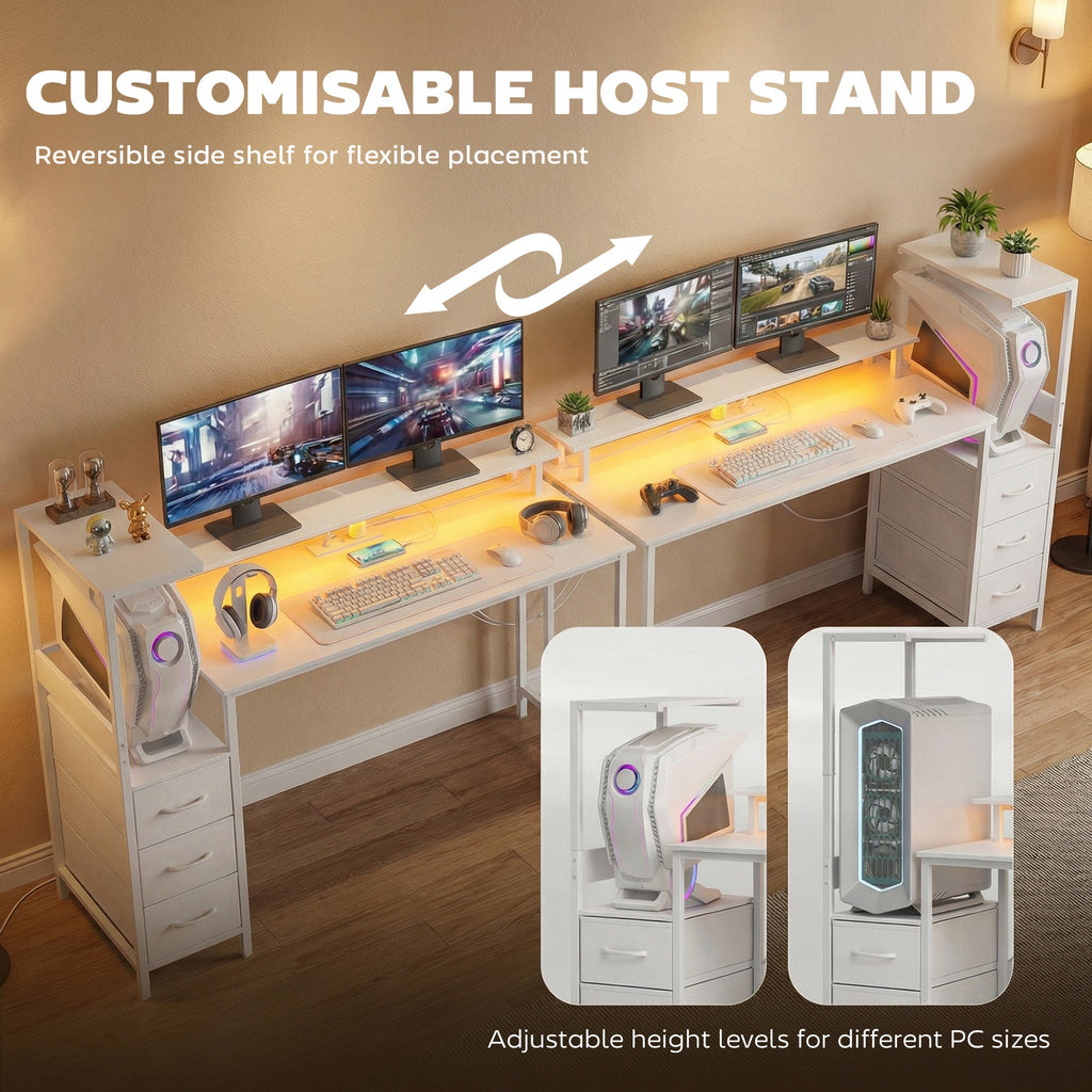 White gaming desk with adjustable height monitor stand and reversible side shelf