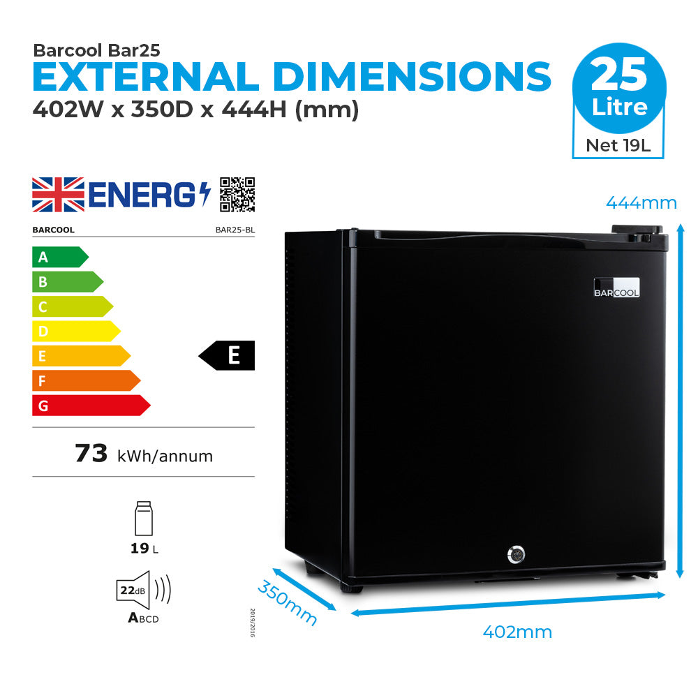 Black mini bar fridge with external dimensions and energy rating graphics
