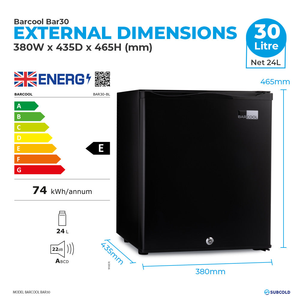 Black mini bar fridge shown with exterior dimensions diagram