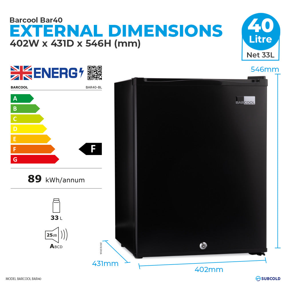 Mini bar fridge dimensions diagram with energy rating label