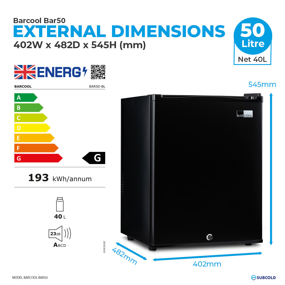 Barcool Bar50 LED mini bar fridge dimensions chart and capacity info