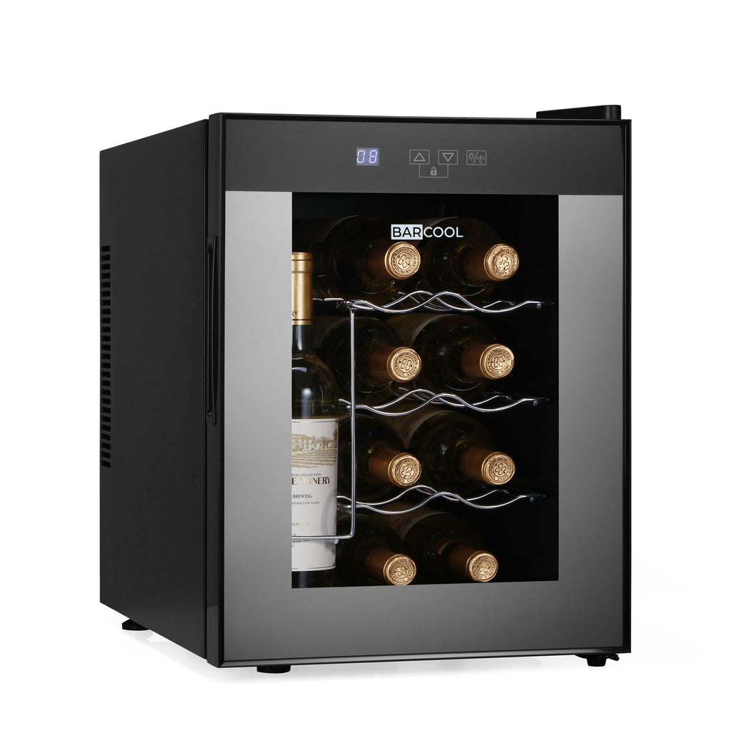 Black LED wine cooler with glass door open, showing stocked bottle racks inside.