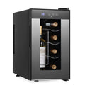 Black LED wine cooler with open glass door, bottle and round wine racks