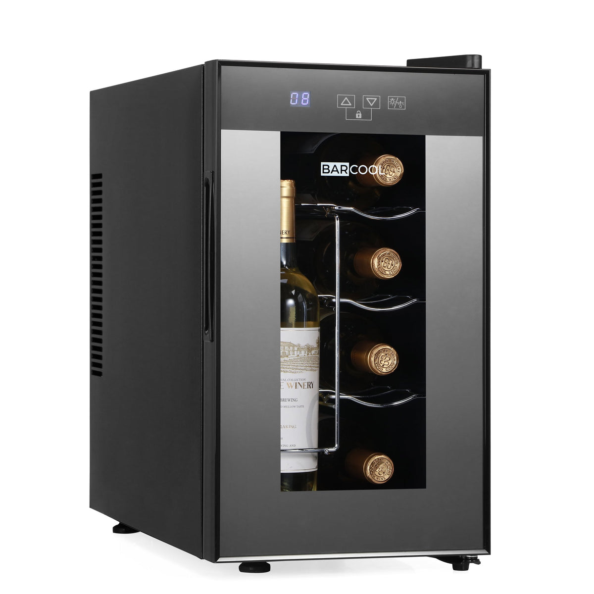 Black LED wine cooler with open glass door, bottle and round wine racks