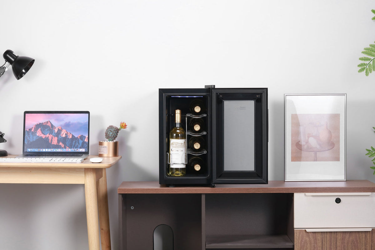 Black LED wine cooler with open door showing bottle and internal racks