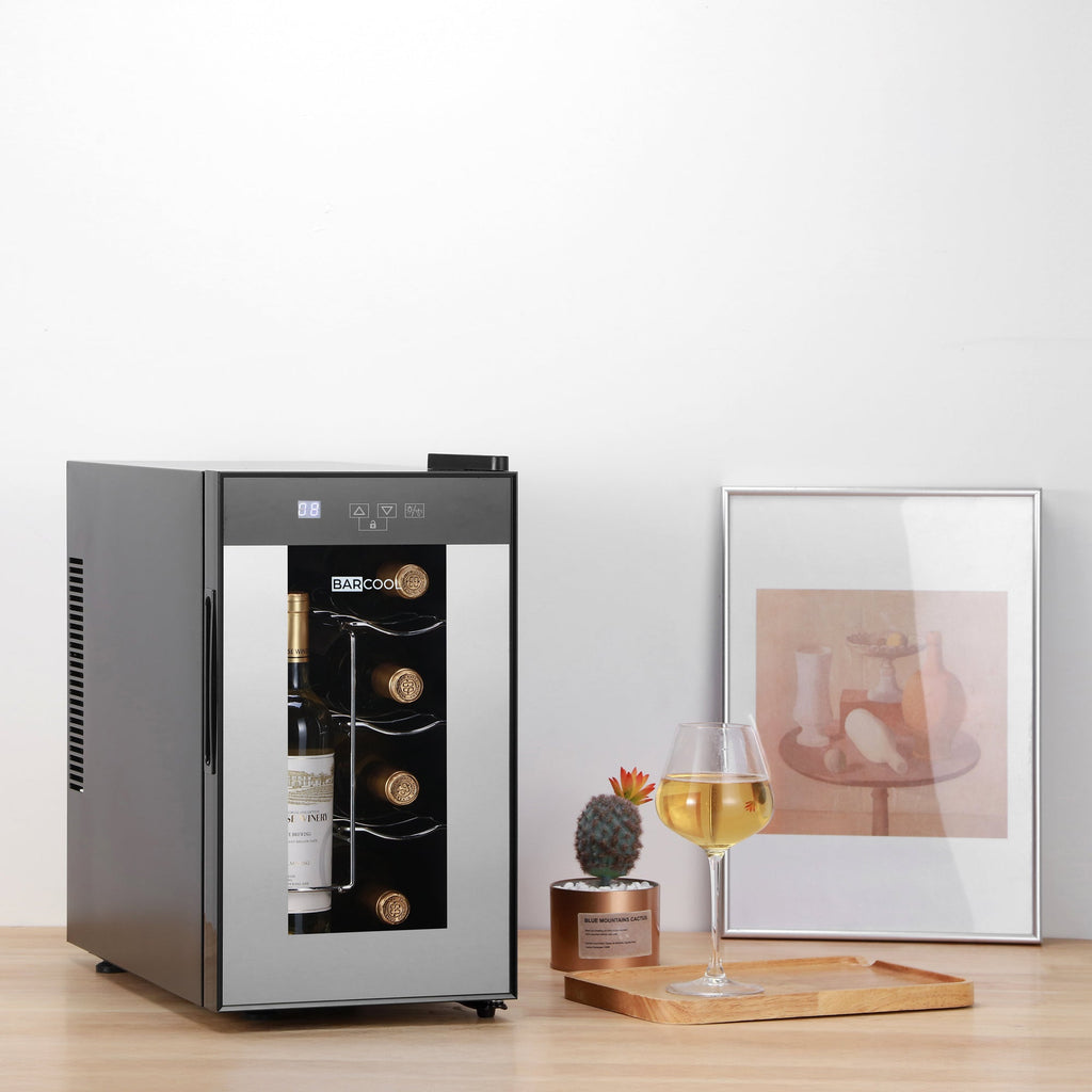Black LED wine cooler with tinted glass door and front control display