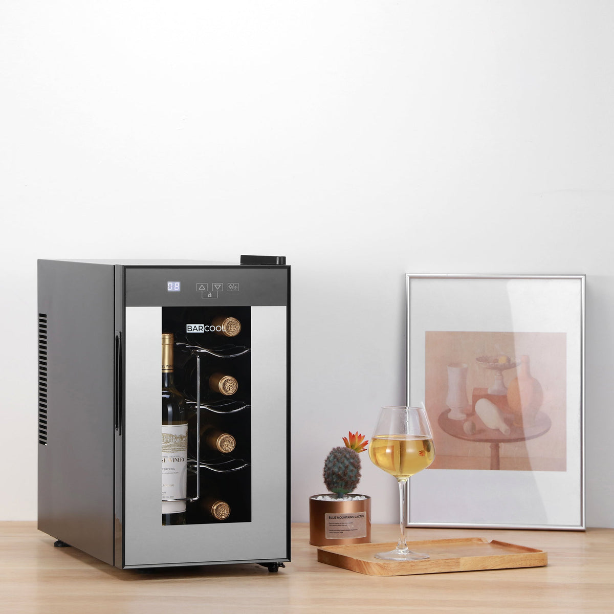 Black LED wine cooler with tinted glass door and front control display