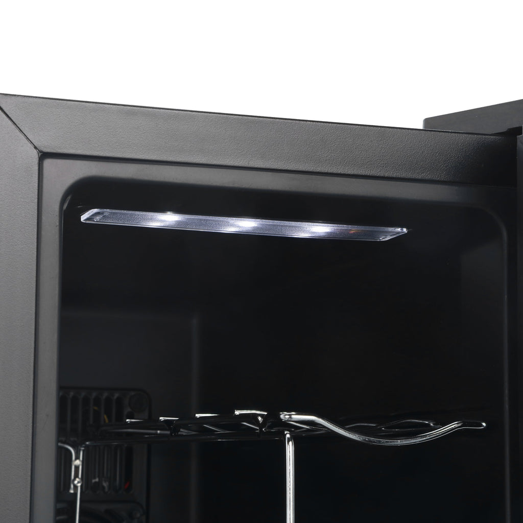 LED-lit interior of black wine cooler with chrome bottle racks