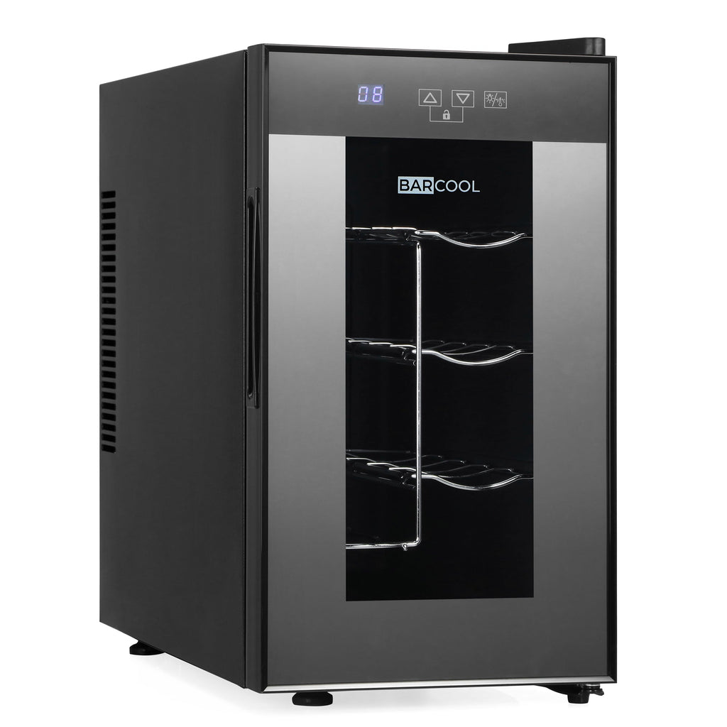 Black LED wine cooler with front glass door and temperature display