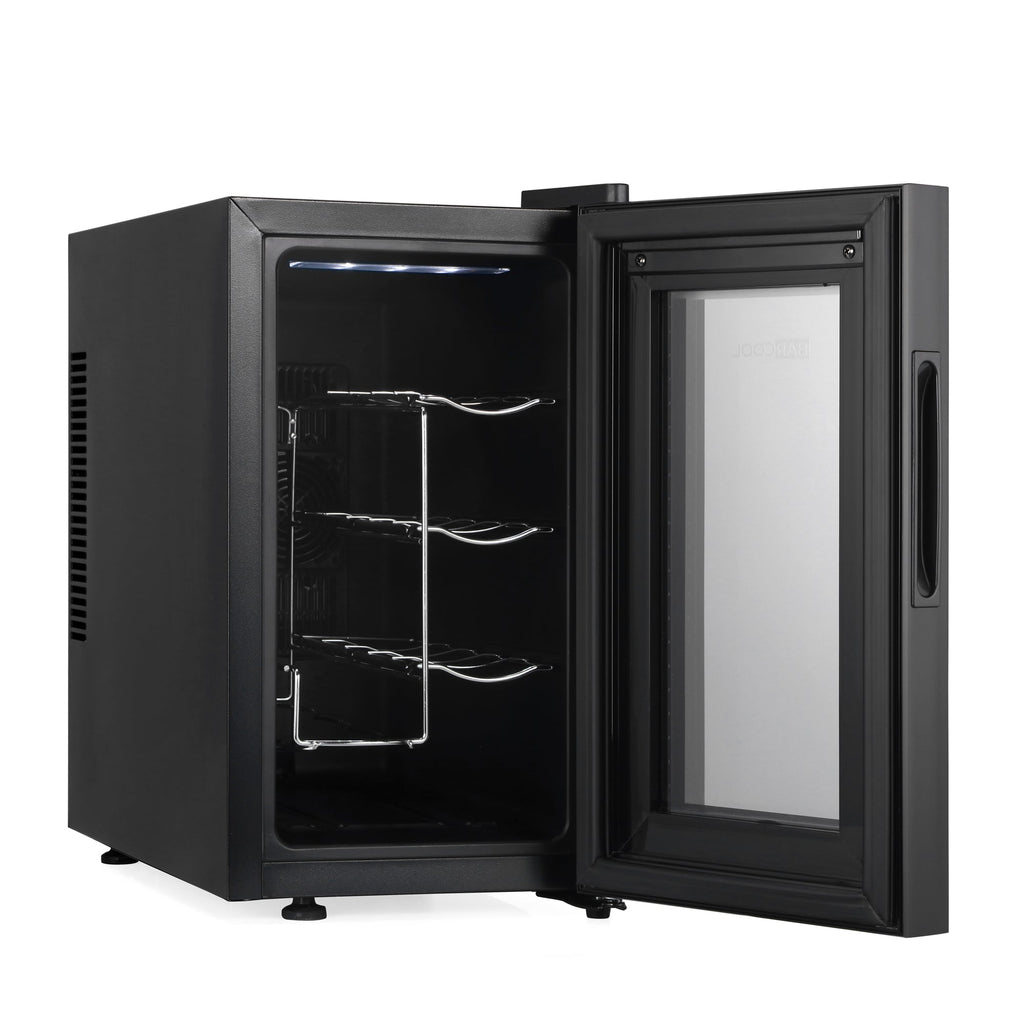Black LED wine cooler with open door showing interior shelves and racks