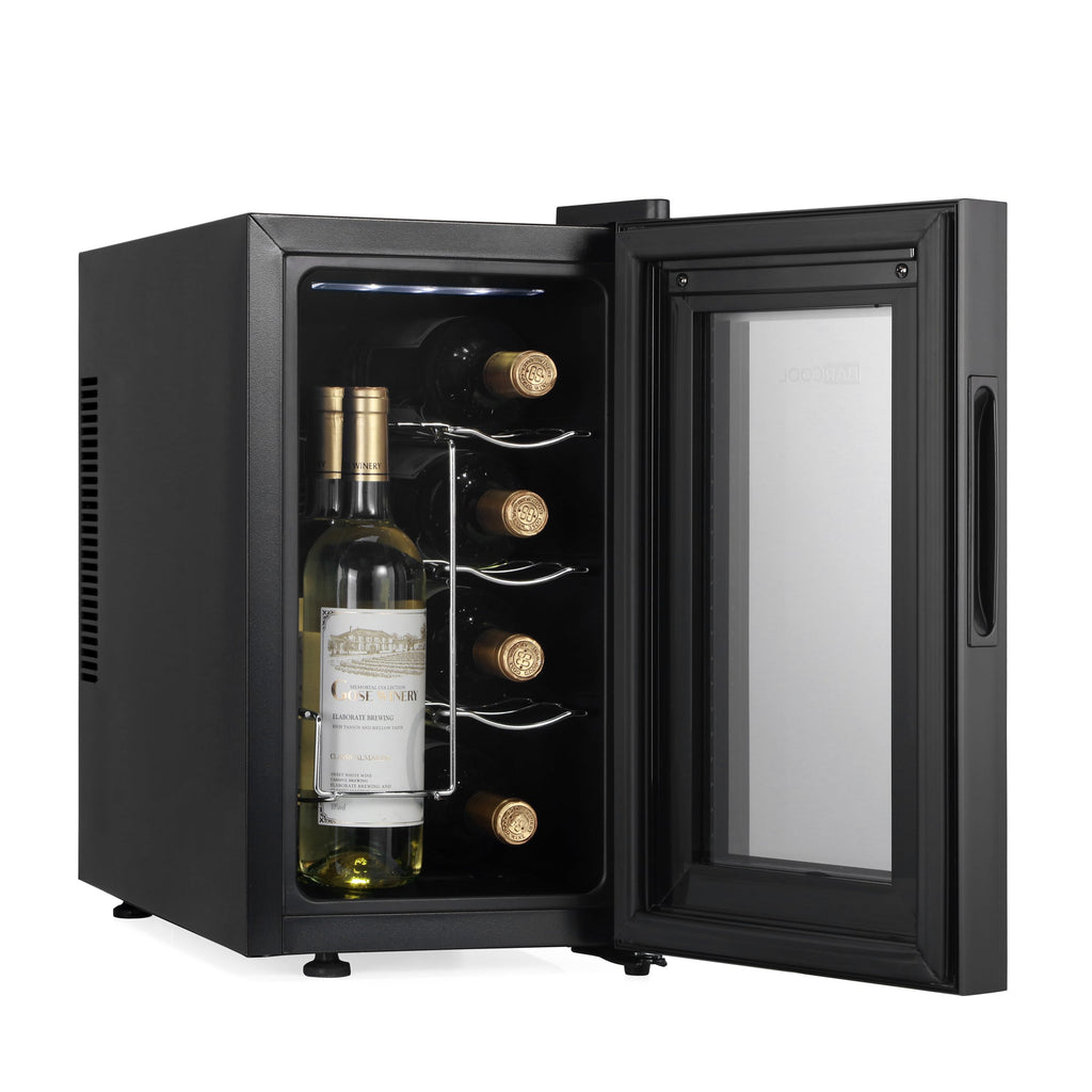 Black LED wine cooler with open glass door, bottle and adjustable metal racks