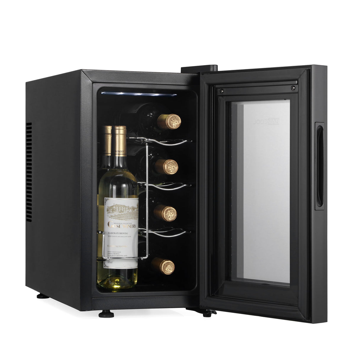 Black LED wine cooler with open glass door, bottle and adjustable metal racks