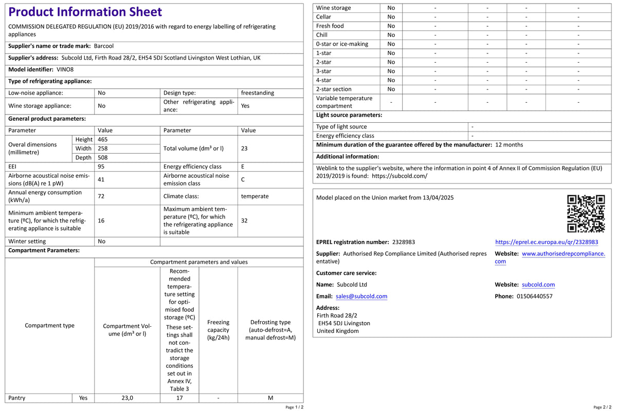 Product information sheet with specs for an LED wine cooler