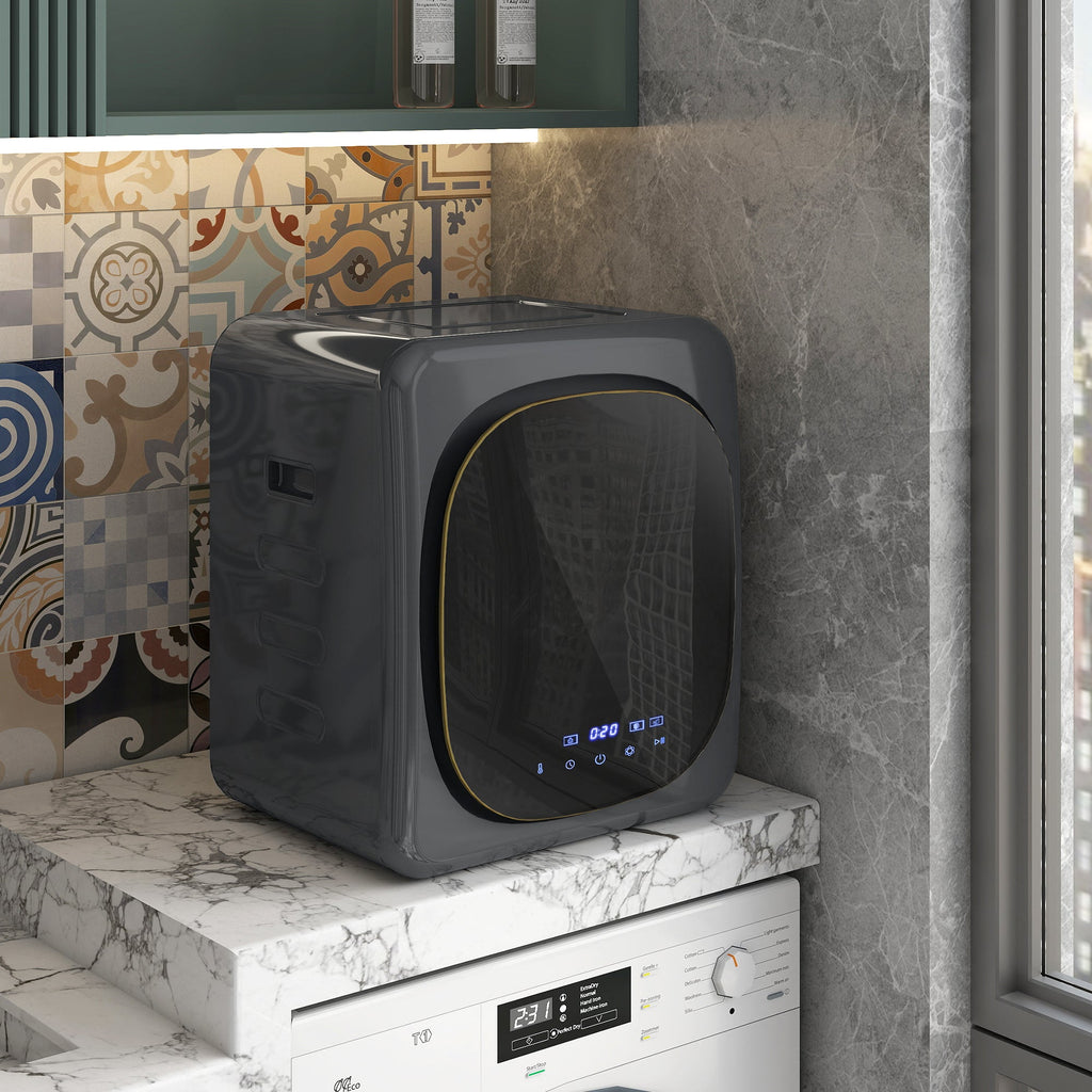 Grey compact front-load vented tumble dryer with round viewing door and control panel