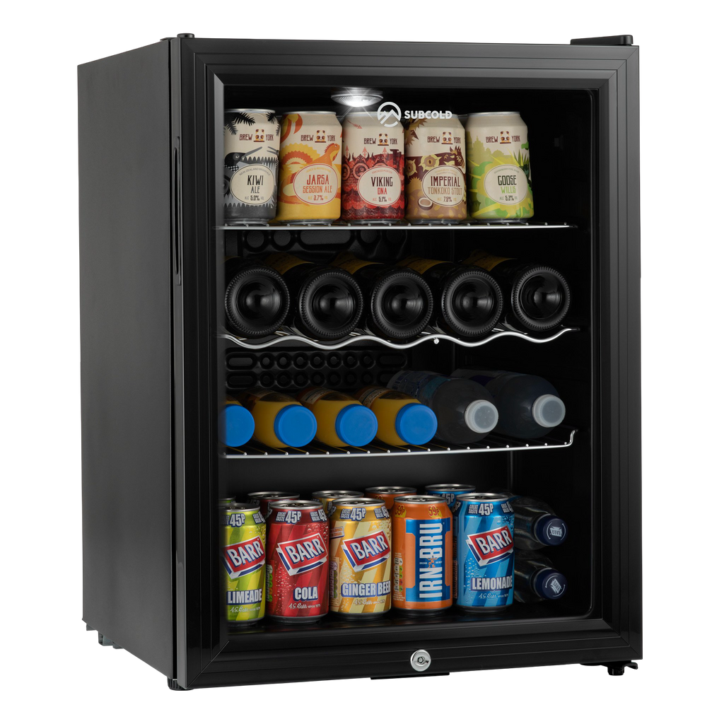 Black drinks fridge with glass door and LED interior, storing cans and bottles