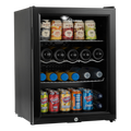 Black drinks fridge with glass door and LED interior, storing cans and bottles