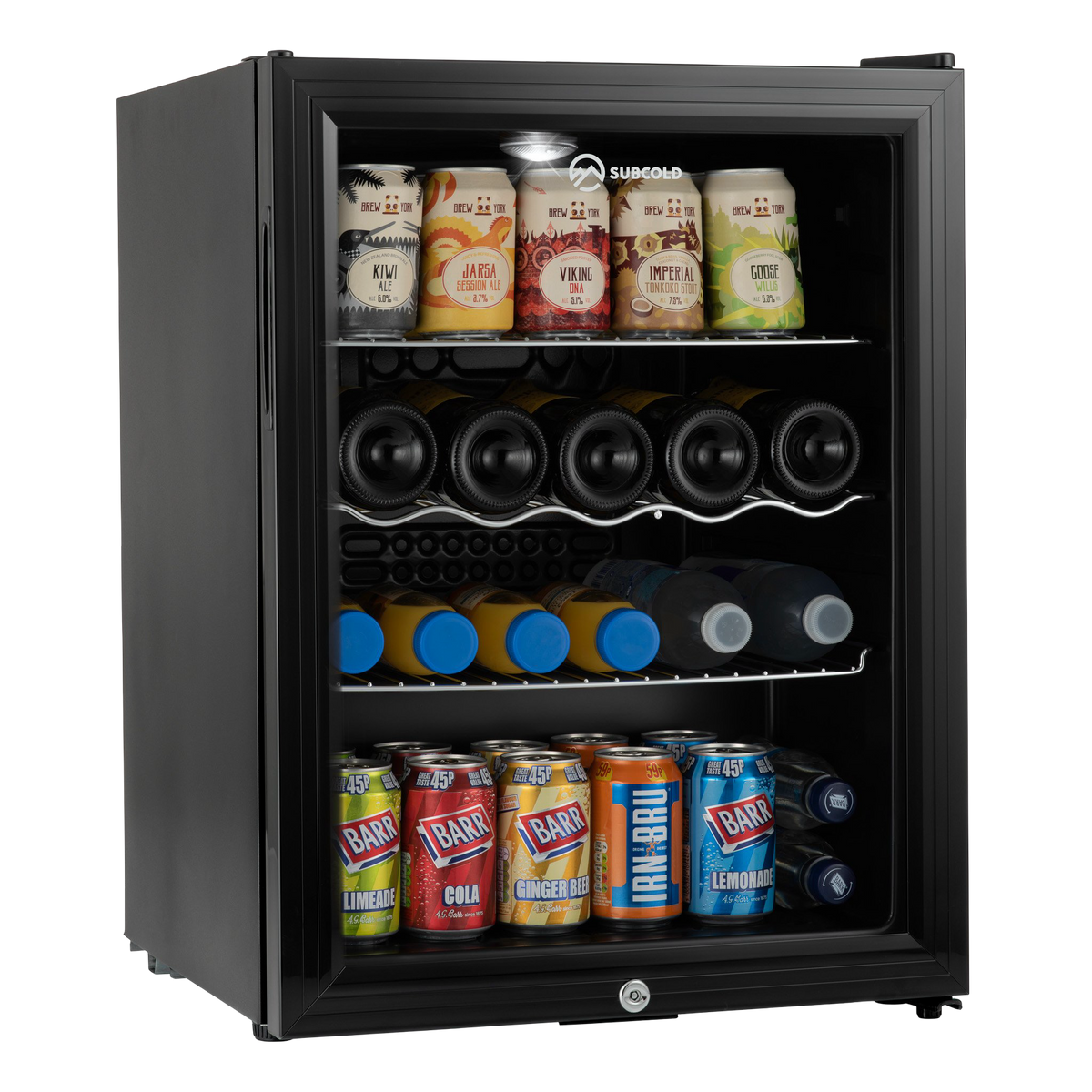 Black drinks fridge with glass door and LED interior, storing cans and bottles